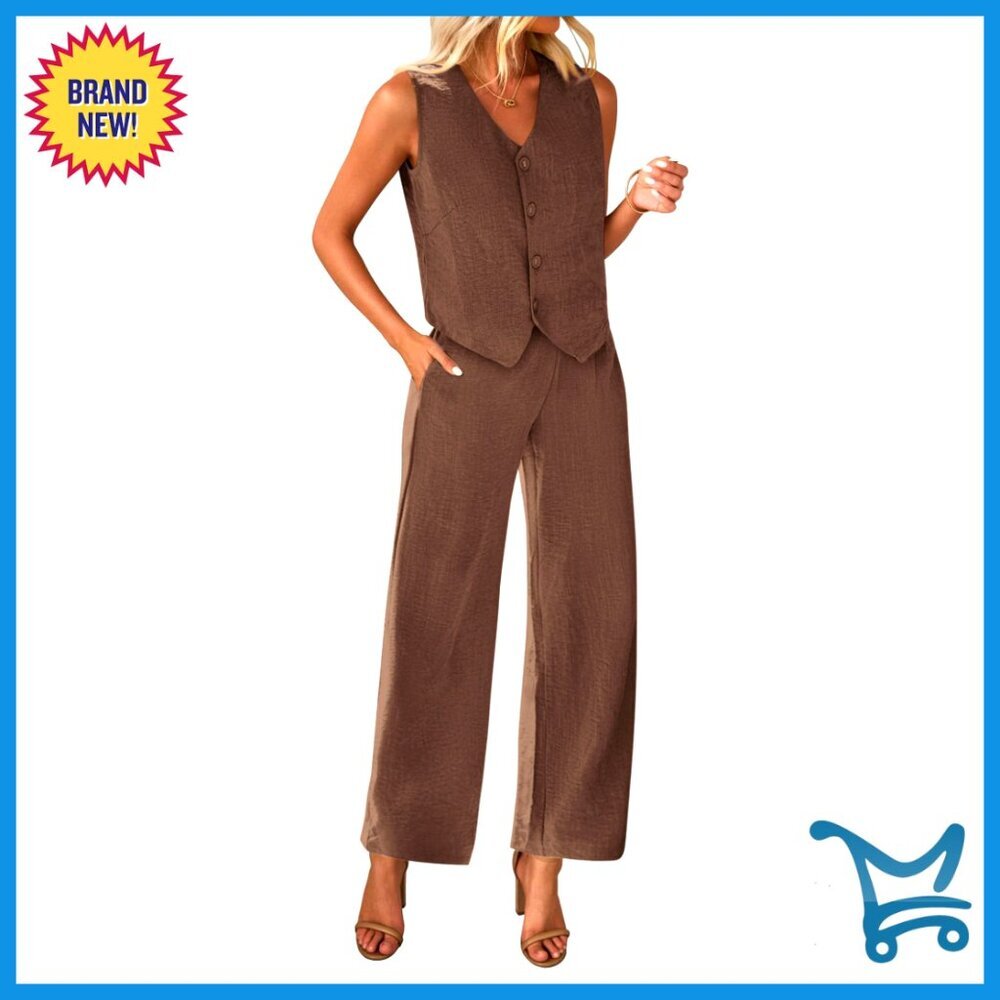 Two-Piece Vest and Wide Leg Pants Suit Set, 100% Polyester, Business Casual
